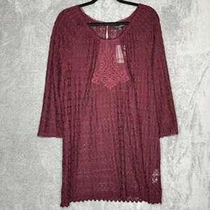 Susan Betro 1X Shirt Top Maroon Red Paisley 3/4 Sleeve Scoop Neck Lace Sheer